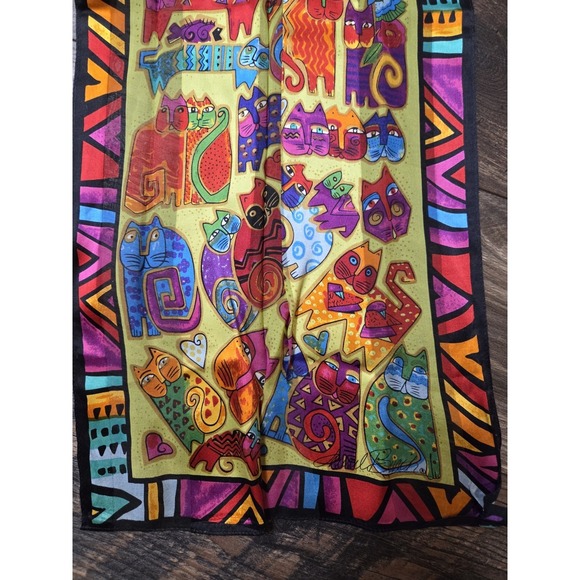 Laurel Burch Accessories - Laurel Burch Silk Colorful Felines Cat Silk Scarf Rectangle Vintage